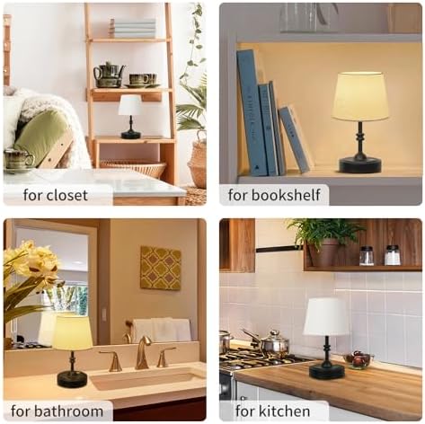 ONEWISH Small Cordless Lamp Dimmable-Battery Operated Table lamp, 4000mAh Rechargeable, Touch Bedside Lamp with White Fabric Shade, 2700K Bulb Included, for Dining, Patio, Bathroom(Black)