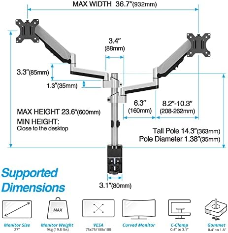 AVLT Dual Stacked Monitor Arm Desk Mount for 13-27" Screens - Silver
