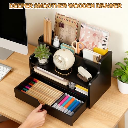 Mail Organizer Countertop, 4 Slots Desk Organizer with Drawer and Shelf