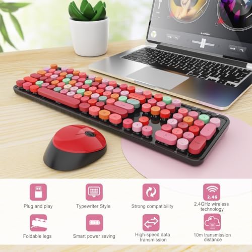 Wireless Keyboard and Mouse Combo, Ergonomic Full Size Typewriter Retro Round Keycaps Keyboard, Compatible with Windows, PC, Perfer for Home and Office Keyboards (Red