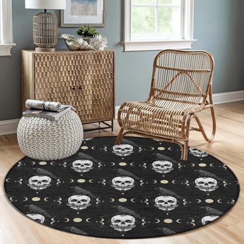 Women's Large Home Decor Mat, Soft Round Yoga Carpet, Non Slip Machine Washable Home Office Circle Rug Black Raven Moon Skull, 60inch