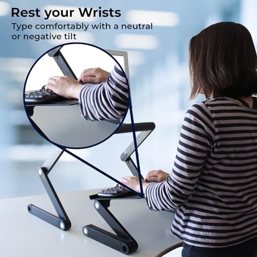 WorkEZ Adjustable Standing Desk Converter w/2 Fans & 3 USB Ports, Sit to Stand Desk Riser Monitor Standing Computer Desk, Height & Angle Negative Tilt