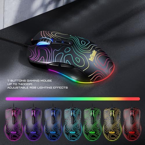 RedThunder K10 Wired Gaming Keyboard & Mouse Combo with Wrist Rest, Adjustable RGB Mechanical Feel Anti-ghosting Keyboard + 7D 7200 DPI Mouse+Soft Leather Wrist Rest for PC Gamers (Black Lines)