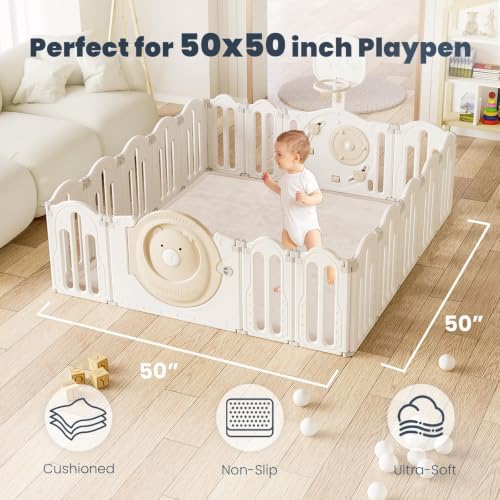 ACOMOPACK 1.3" Thick Baby Play Mat for Floor,50x50 Elasti-Foam Playpen Mat for Kids,Infants,Toddlers, Ultra Soft Crawling Mat with Non-Slip Bottom,Tummy Time,Nursery Rug,Yoga,Tatami（Beige）
