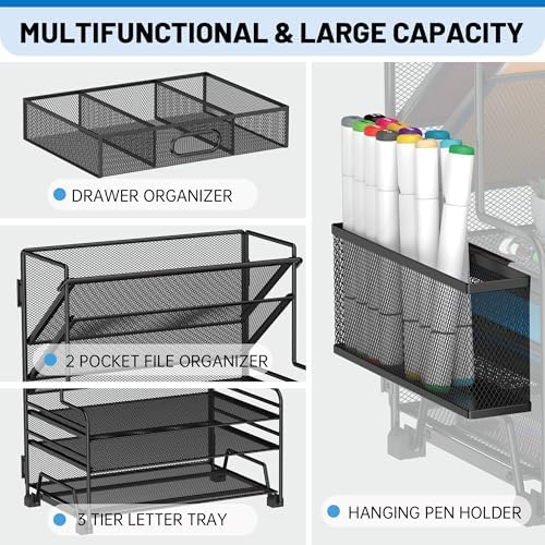 5 Tier Desk Organizer with Drawer & Pen Holders, Desk File Organizer Letter Tray Paper Organizer, Black