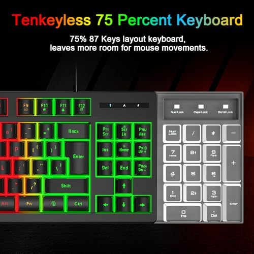 RGB 87 Keys Gaming Keyboard and Backlit Mouse Combo,BlueFinger USB Wired Rainbow Keyboard,Gaming Keyboard Set for Laptop PC Computer Game and Work