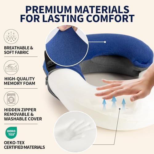BUYUE Kids Travel Pillows for Airplane, Memory Foam 360° Head Support Sleeping Essentials for Boys Long Flight, Skin-Friendly Soft Neck Pillow for Traveling in Car Seat, (Small, Blue Grey, 40-90 lbs)