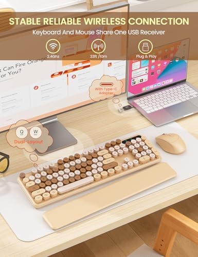 Wireless Keyboard and Mouse Combo, Cute Typewriter, Magnetic Wrist Rest