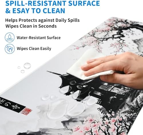 Extended Japanese Sakura Zen Desk Mat, XXL Large Gaming Mouse Pad, Cherry Blossom Temple Stitched Edges Waterproof Non-Slip Rubber Base for Computer Keyboard Laptop Work Home Office 35.4"x15.7"
