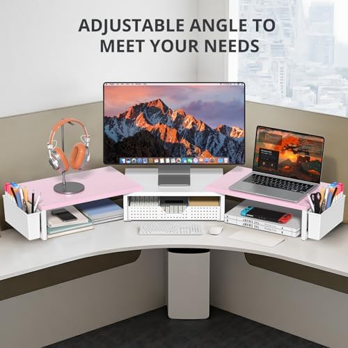OPNICE Desk Organizers and Accessories, Dual Monitor Stand Riser with Drawer and 2 Pen Holders, Desk Shelf Printer Stand for Office Workspace Organizers, Desktop Organization (Pink-White)