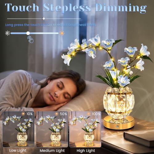 Lily Flower Lamps, Rechargeable Cordless Small Desk Lamp, 3 Colors Dimmable Artificial Flowers Night Light, Fake Bouquet 3 Lilies with Crystal Vase for Home Date Party Decoration (Blue - May Bells)