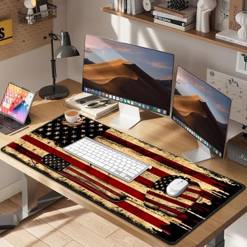 Large Mouse Pad with Wrist Support 4in1 Set, XXL Game Mousepad + Keyboard Wrist Rest+Mouse Wrist Rest+Coaster with Ergonomic Design Gaming Mat for Home Office Table Computer I Retro USA Flag
