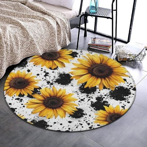 Large Round Area Rug Home Decor Modern Bathroom Rug Kitchen Office Circle Rug for Living Room Sofa Circle Cute Mat 80s Vintage Sunflower Cow Print, 60inch
