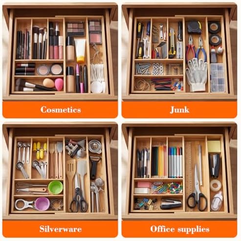 Briwooody Bamboo Sliding Desk Drawer Organizer 9.4'' up to 18'' x 15'' x 2'' Expandable Office Desk Accessories Supplies Tray with 7 Compartments for Pens, Notebooks, Rulers, and Makeup Jewelry Vanity