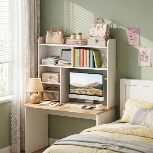 SUPER DEAL Desktop Bookshelf, Countertop Storage Hutch with 3 Shelves for Computer Desk, 2-Tier Display Rack, Multipurpose Wood Desk Hutch Storage Organizer for Home Office Dorm, White