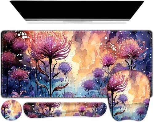 4 in 1 Large Mouse Pad, Keyboard Wrist Rest Set, Ergonomic Mouse Pad with Wrist Support, Desk Mat with Stitched Edges, Extended Desk Pad Waterproof Desk Mat for Home Office I Blossom Purple Flower