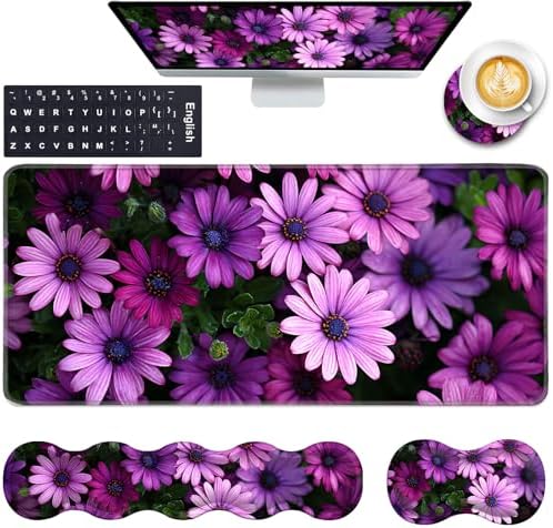 Keyboard Wrist Rest and Mouse Pad with Wrist Support Set Ergonomic Coaster,Memory Foam,Easy Typing Pain Relief,Large XL Desk Mat 31.5"x 11.8",African Daisy