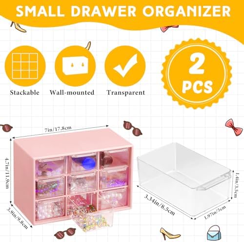Wenqik 2 Pcs Mini Storage Drawers with 9 Clear Drawers, Pink
