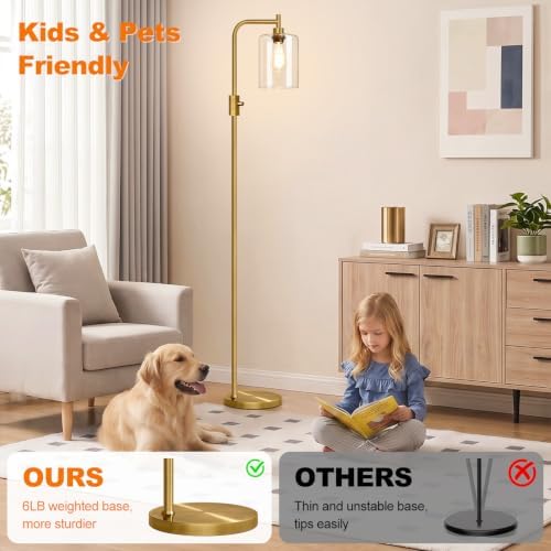 【Upgraded】 Dimmable Floor Lamp for Living Room with Clear Glass Lampshade, Brass Modern Glass Floor Lamp with 900LM LED Bulb Included, Arc Standing Tall Lamp for Bedroom, Office, Reading Room, Corner