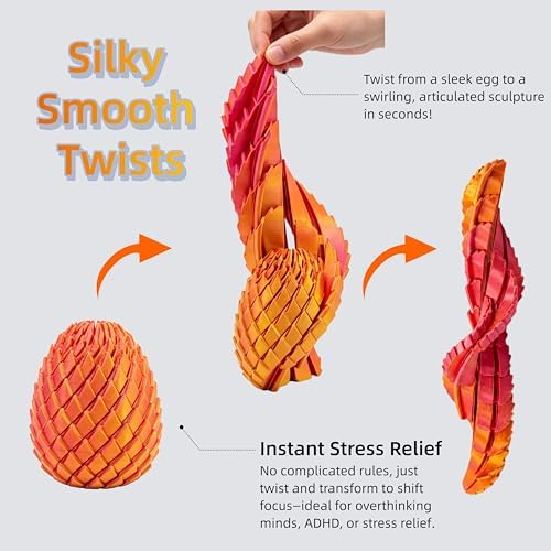 3D Printed Fidget Toy, Twisty Dragon Eggs, Spiral Slippery Egg Fidget Toy, Stress Relief Sensory Desk Toy for Adults and ADHD, Rotating Focus Anxiety Relief Pocket Toy (RedGold)