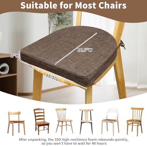 Chair Cushions for Dining Chairs 4 Pack 35D High-Density Foam Seat Cushions for Kitchen Chairs with Ties Non Slip and Removable Cover Chair Pads 16.5" x 16.5" x 2" (Brown)
