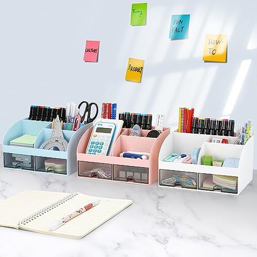 Office Desk Organizer with Drawers for Desktop/Tabletop/Counter, Desk Top Accessories Stationary Organizer Desk Caddy, Pen/Pencil/Business Card/Sticky Note Tray/Paperclip Holder Storage Box (Blue)