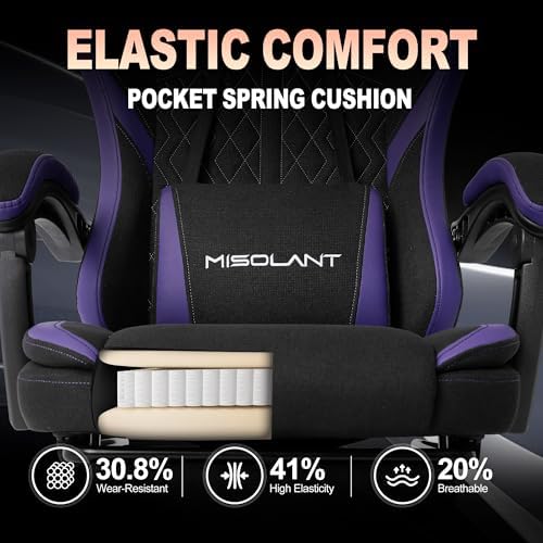 Misolant Gaming Chair, Fabric Gamer Chair with footrest for Adults, High Back Ergonomic Computer Game Chair with Adjustable Headrest and Massage Lumbar Support, 90-155° Recline Free, Purple