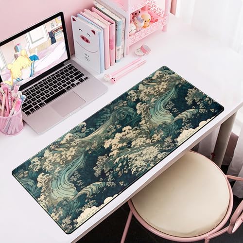 Japanese Large Mouse Pad Gaming Sea Wave Desk Pad Blue Sea Flower Art Aesthetics Desk Pad Non-Slip Rubber Base Mice Pad, 31.5 X 11.8 in for Laptop Computer Mouse Keyboard Mat of Office Desk Decor