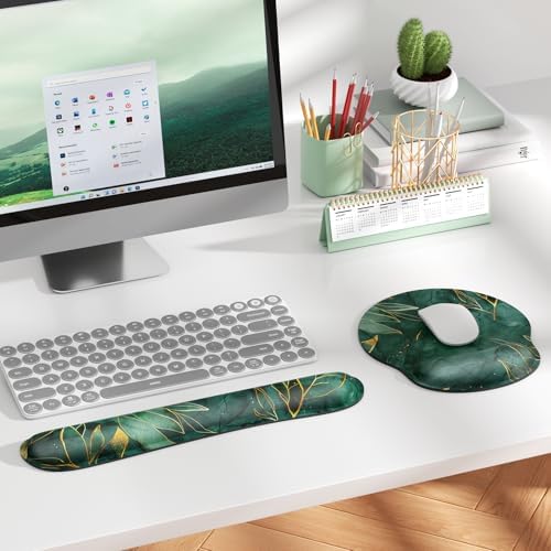 KTRIO Keyboard Wrist Rest & Mouse Pad with Wrist Rest, Green Leaves