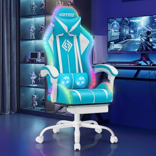 RGB Gaming Chair with LED Lights Massage Ergonomic Computer Chair-Sky Blue