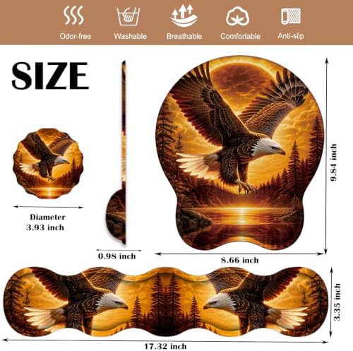 Ergonomic Keyboard Wrist Rest & Mouse Wrist Support Set with Lace Coaster, Gel Memory Foam Anti-Slip Base, Pain Relief for Typing, Bald Eagle Sunset