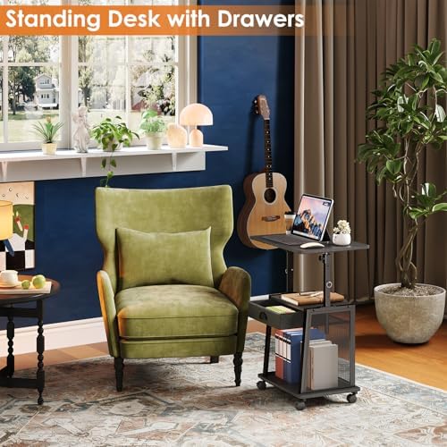 Height Adjustable Standing Desk with Wheels,Mobile Sit Stand Up Desk with Drawer,Rolling Laptop Computer Desk with storage,Portable Podium Teacher Stand Desk,Narrow Walking Pad Desk for Home Office