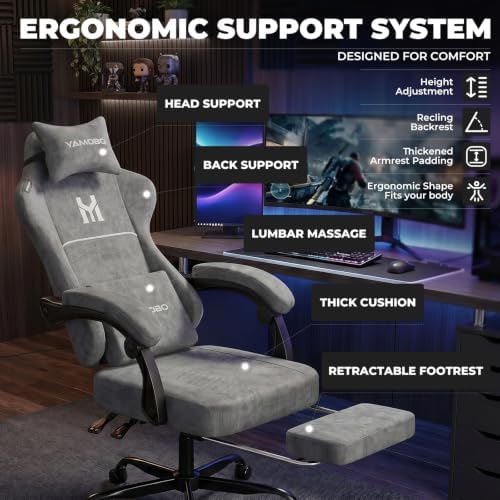 Gaming Chair with Footrest, Ergonomic Computer Chair with Lumbar & Headrest Support for Adults, High Back Office Desk Chair with 360°Swivel Wheels for Game and Work, Breathable Fabric，Grey