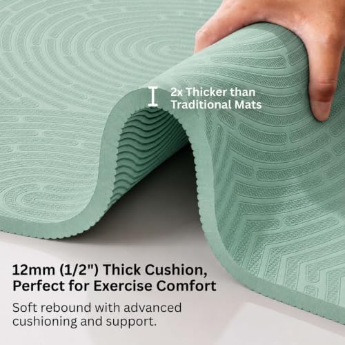 Extra Thick 12mm Exercise Mat, 74" x 26", Non-Slip with a Yoga Strap