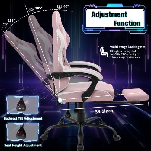 Gaming Chair with Footrest, Ergonomic Fabric Desk Chair, Pink