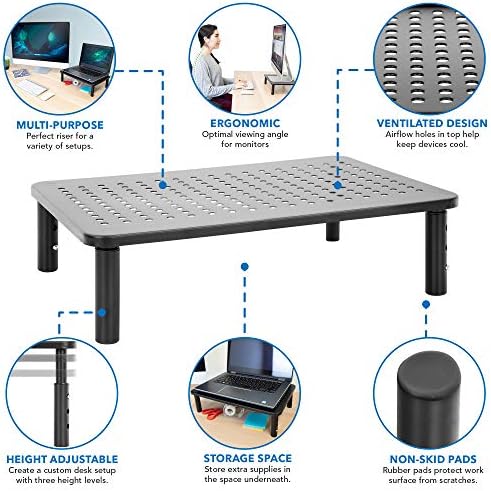 Mount-It! Height Adjustable Single Monitor Riser | Metal Mesh Computer Screen Platform | Desktop Riser for Laptop, Monitor, and Printer | 44lbs Capacity (Black)