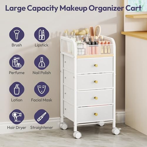 SWTYMIKI Rolling Makeup Organizer Cart - Under Desk Vanity Makeup Storage with 4 Non-woven Drawers, Nail Cart Organizer Cosmetic Display Cases Cabinet for Skin Care Perfume Nail Polish Brush Hair Tool