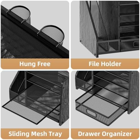 Marbrasse Desk Organizer with File Holder, 5-Tier Paper Letter Tray Organizer with Drawer and 2 Pen Holder, Mesh Desktop Organizer and Storage with Magazine Holder for Office Supplies (Wood-Black)