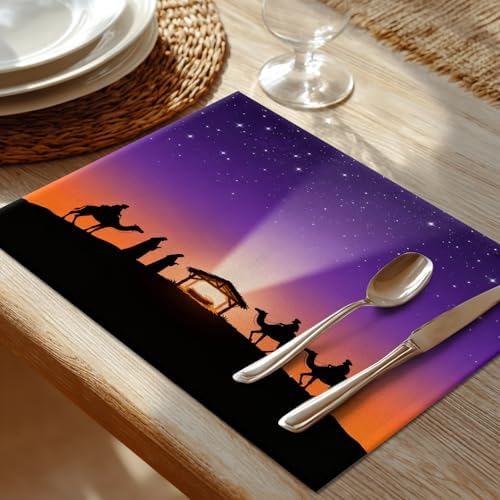 Shrahala Red Christian Christian Set of 8 12 X 18 Inch Linen Placemats, Abstract Christmas Burlap Table Mat Washable Double Layered Heat Insulation for Indoor/Outdoor