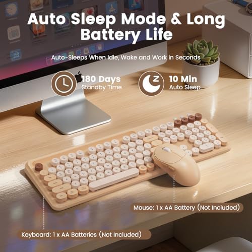 Wireless Keyboard and Mouse Combo, Round Keycap, Tablet Holder, Beige Color
