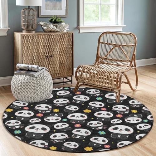 Large Machine Washable Circular Rugs, Home Decor Round Mat for Living Room Sofa Office Cute Cartoon Panda Art, 36inch
