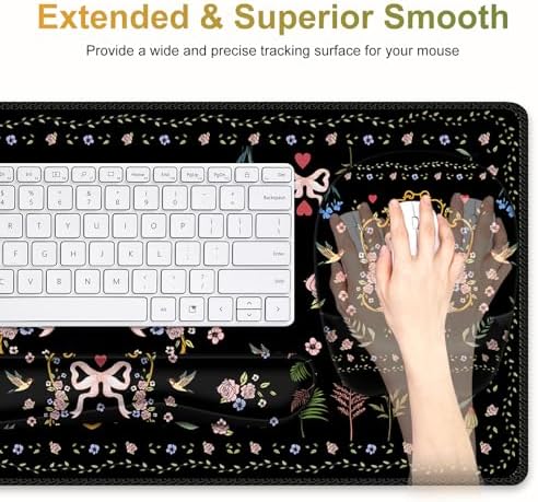Mouse Pad with Wrist Support 4 in1 Set, XXL Big Game Mousepad + Keyboard Wrist Rest + Mouse Wrist Rest Pad +Coaster Gaming Mat for Home Office Work Computer Laptop I Vintage Floral Romantic Bow