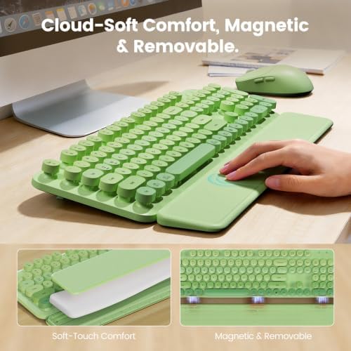 Wireless Keyboard and Mouse Combo, Magnetic Soft-Touch Wrist Rest, Round Keycaps, Full-Size Retro Typewriter Keyboard, 2-Stage Tilt Legs, Auto Sleep, 2.4GHz Cordless for Windows PC (Green Ombre)