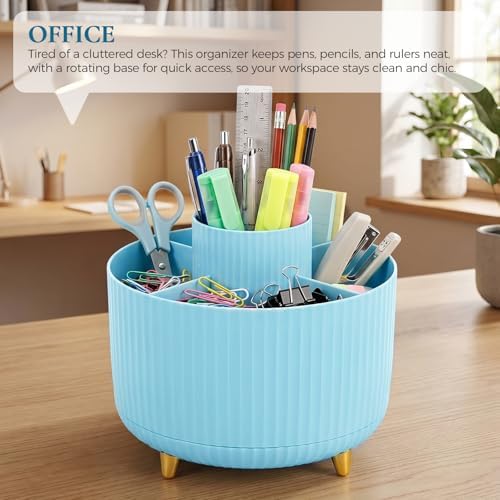 KONVINIT Pencil Pen Holder for Desk, 5 Slots 360-Degree Rotating Desktop Organizer, Cute Desk Organizers and Accessories for School, Home, Office and Art Supply, Blue