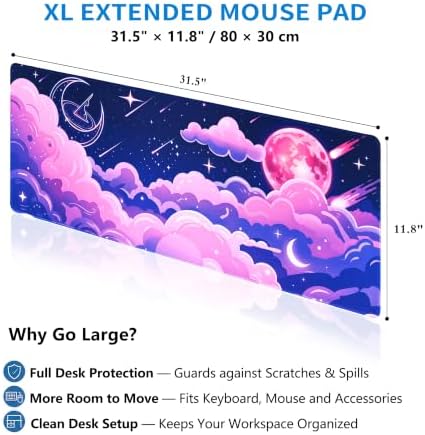 Extended Cute Kawaii Desk Mat, XL Large Gaming Mouse Pad, Pink Galaxy Cloud Moon Stitched Edges Waterproof with Non-Slip Rubber Base for Computer Keyboard Laptop Work Home Office 31.5"x11.8"
