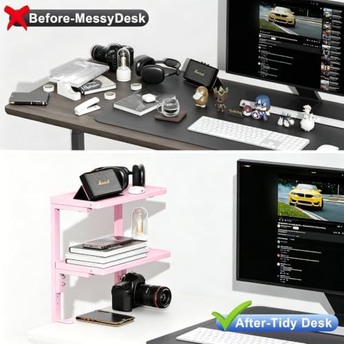 Spacrea Clamp on Desk Shelf, 2 Tier Office Desk Shelves Organizer, Wood Desktop Supplies Storage Rack, Desk Organizers and Accessories (Pink)