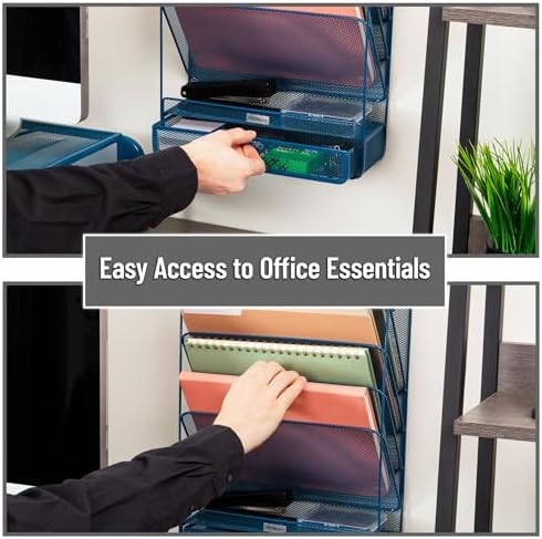 Mind Reader 4-Tier Vertical File Storage, Desktop Organizer, Wall Mount, Office, Metal Mesh, 12.5"L x 4"W x 16.5"H, Turquoise