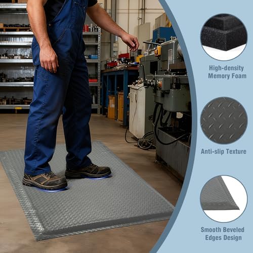 Anti Fatigue Mats Industrial 2' x 7' 15/16" Extra Thick Ergonomic Standing Mat Commercial Heavy Duty Diamond Plate Shop Floor Mat Helps Relieve Back and Leg Soreness, Grey