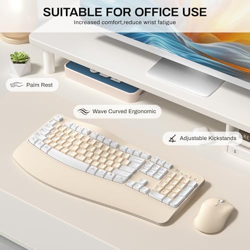 Wireless Keyboard and Mouse Combo,2.4G Ergonomic Wave Keys(Latte Color-A)