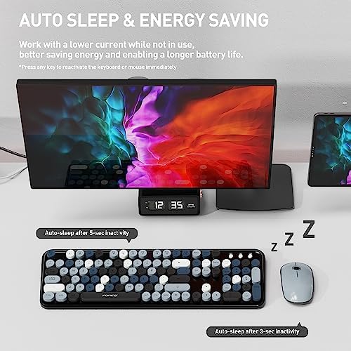 Retro Wireless Keyboard Mouse Combo,Round Keycaps,for PC Laptop,Black Grey